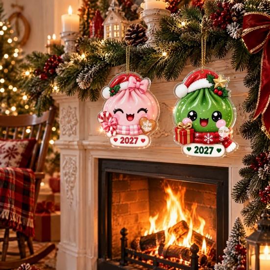 Holiday Gift for Kids 2027 Christmas Bun Ornament, 2D Flat Acrylic Steamed Pendant Small Tags with Hanging String Tree Door Bag, Atmosphere Decoration