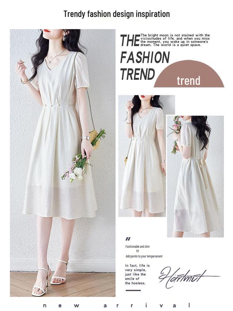 Elegant French-Style Summer Dress: Cinched Waist, Age-Defying Design