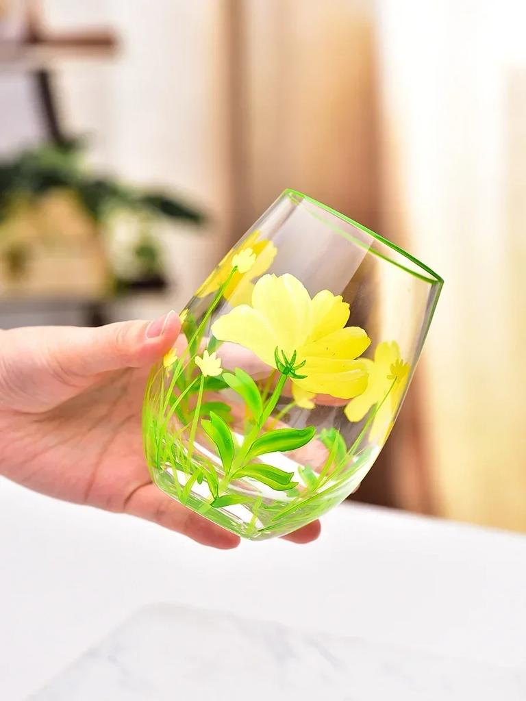Hand Drawn Flower Patterned Crystal Glass Cup Festival Party Art High Feet Red Wine Cup Family Wine Glass Set Of Three Pieces