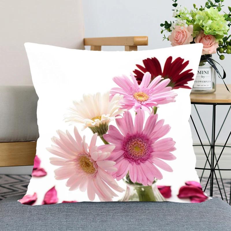 Neuankunft Gerbera Blumenkissenbezug Schlafzimmer Home Office Dekorative Kissenhülle Quadratisch Reißverschluss Kissenbezüge Satin Weich Kein Ausbleichen
