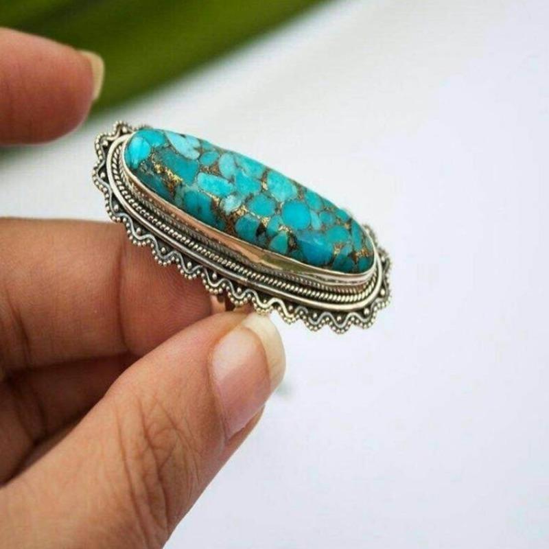 Vintage Indian Style Blue Lattice Turquoise Women'S Ring Jewelry Ring Ethnic Style