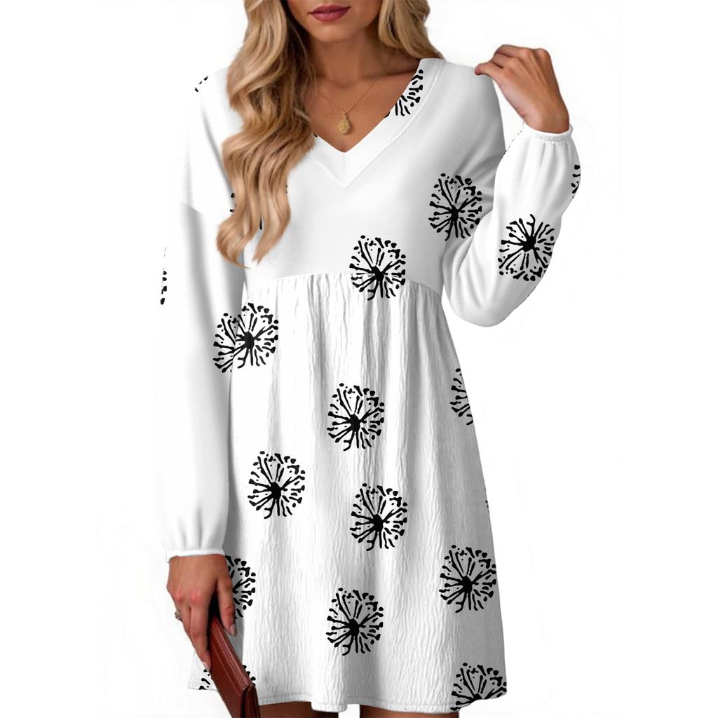 Women's Fashion Floral Print V-Neck Long Sleeve Dress