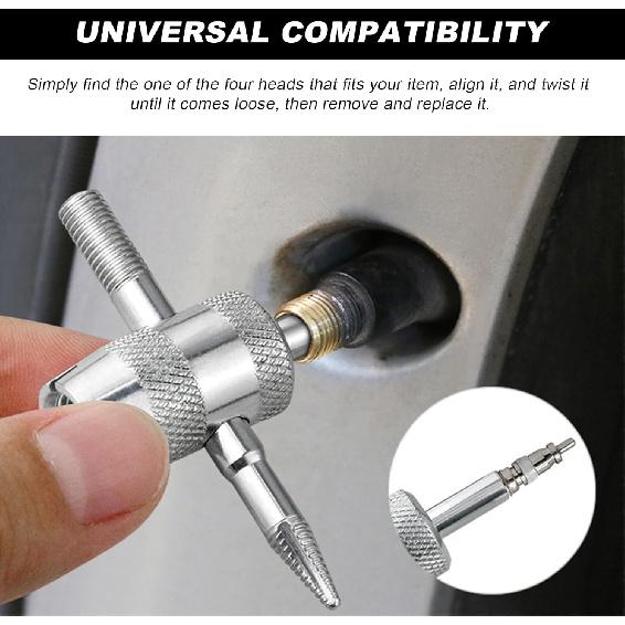 4-Way Valve Core Tool Tire Valve Tools, 4-in-1 Tyre Valve Core Tool Tire Stem Core Wrench, Multifunctional 4 Way Valve Stem Remover Tire Repair Tool