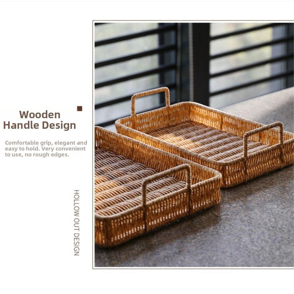 New Plastic Storage Tray Rectangular with Handle Serving Tray Wicker Woven Multifunction Woven Basket Dining Table