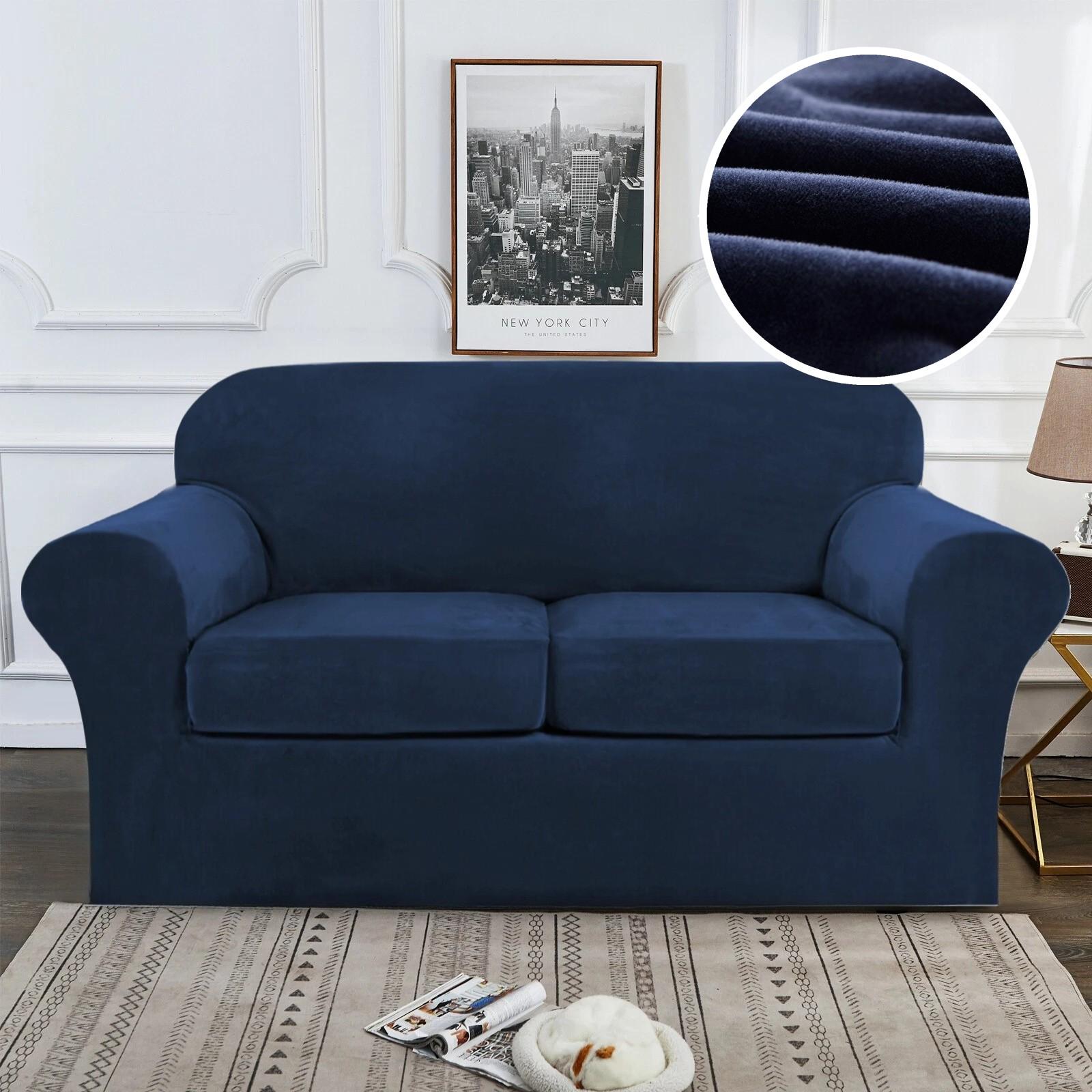 

Stretch Velvet Couch Covers Cushion 1/2/3Seater Sofa Slipcovers Washable Elastic Sofa Cover Soft Thick Plush Furniture Protector 1 seat Sofa cover Темно-синій