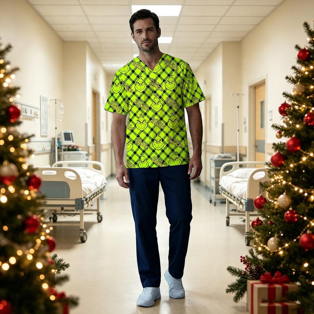 Men's Christmas Print V-Neck Short Sleeve Scrub Top with Chest Pocket