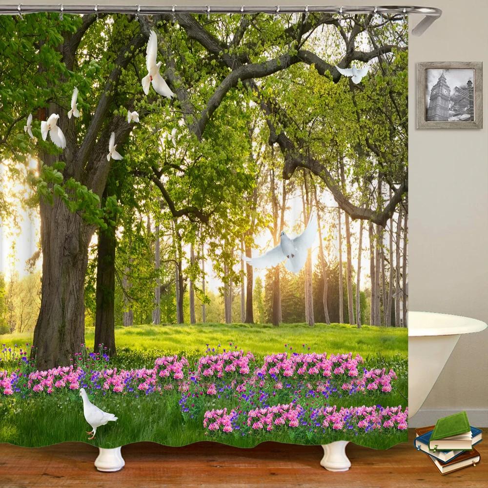 Badrum Vattentät Duschdraperi Polyester 3D Berg Trädgård Havssida Vacker Blomma Landskapstryck Hemdekoration Draperi