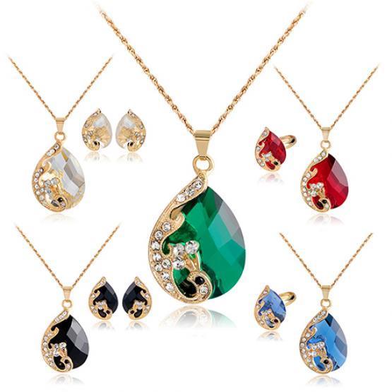 Women's Rhinestone Pendant Necklace Earrings Ring Party Wedding Jewelry Set