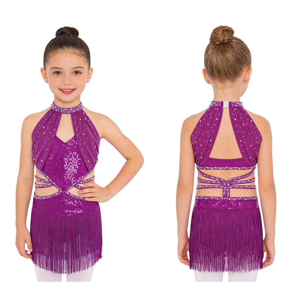 Eye-Catching Dance Leotard for Girls: Features Ruched Mesh, Strappy Cutout Waist, Rhinestones and a Dynamic Tassel Hem