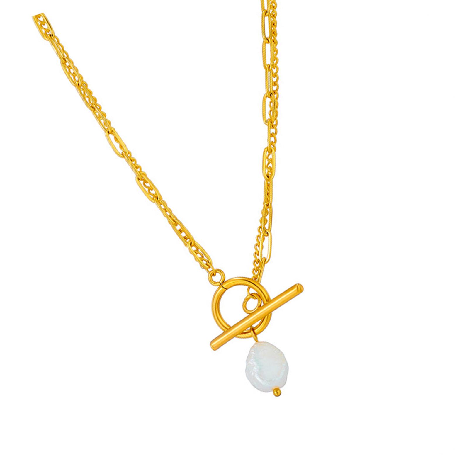 

Elegant Baroque Freshwater Pearl Pendant Necklace Double Chain Design Stainless Steel Jewelry Gift For Women