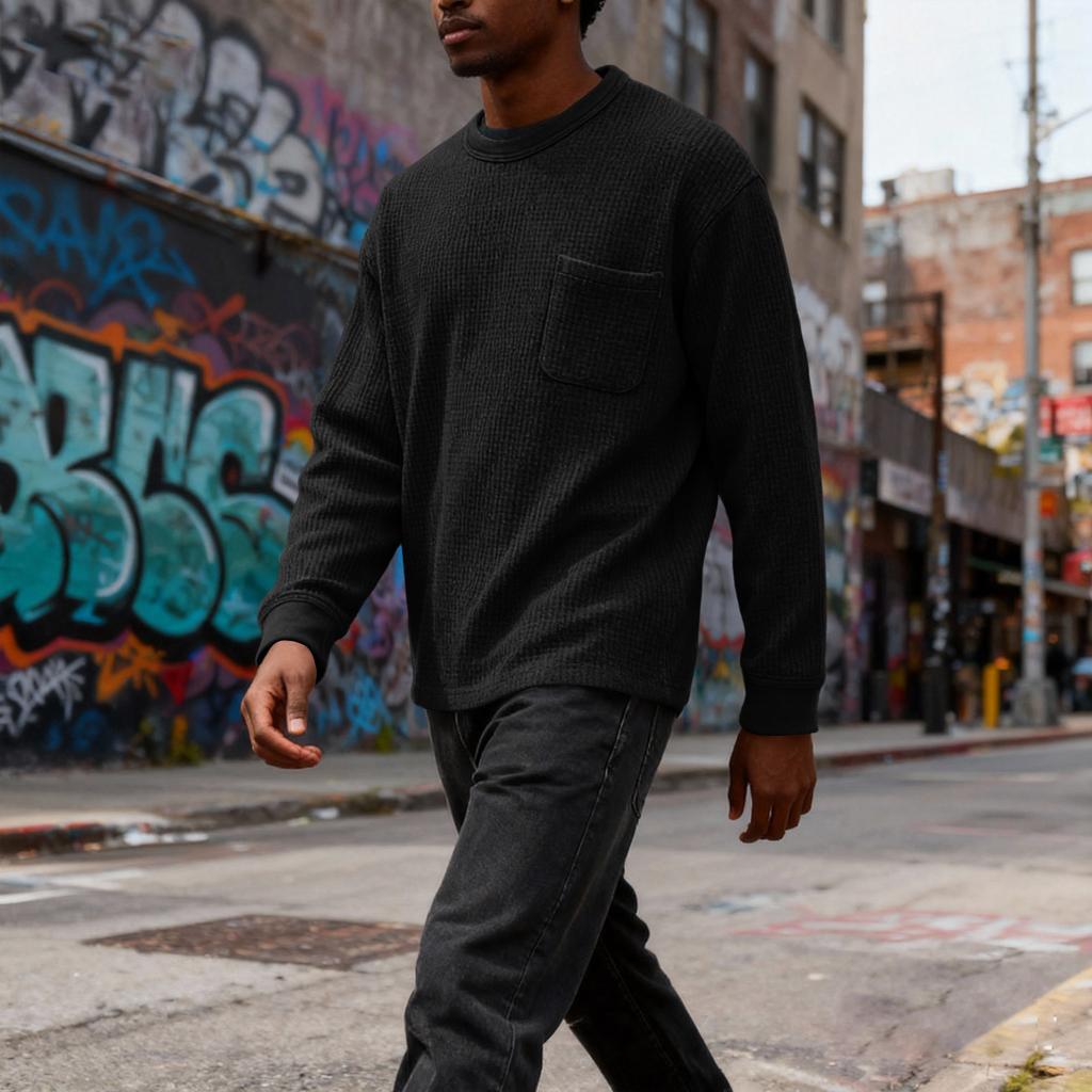 MensLong Sleeve Shirt Crewneck Pullover Sweatshirts Big And T-Shirts Casual Relaxed Pullover Pocket