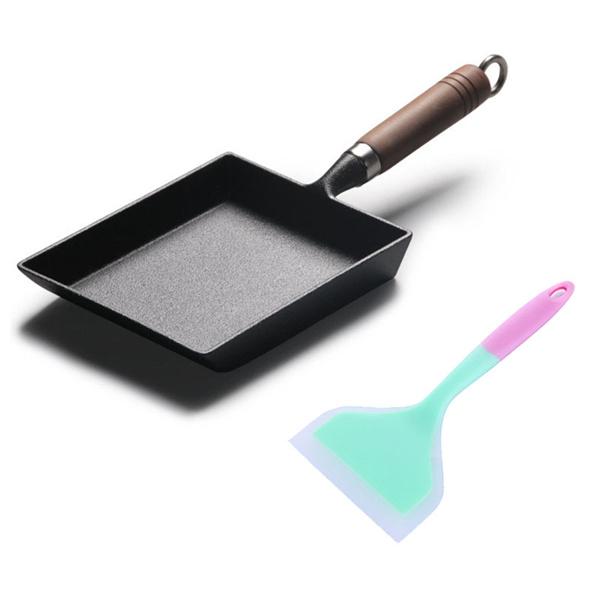 

2Pcs/Set Cast Iron Egg Frying Pan + Silicone Turner/Non-stick Omelette Pan Rectangle Mini Tamagoyaki Pan/Cookware