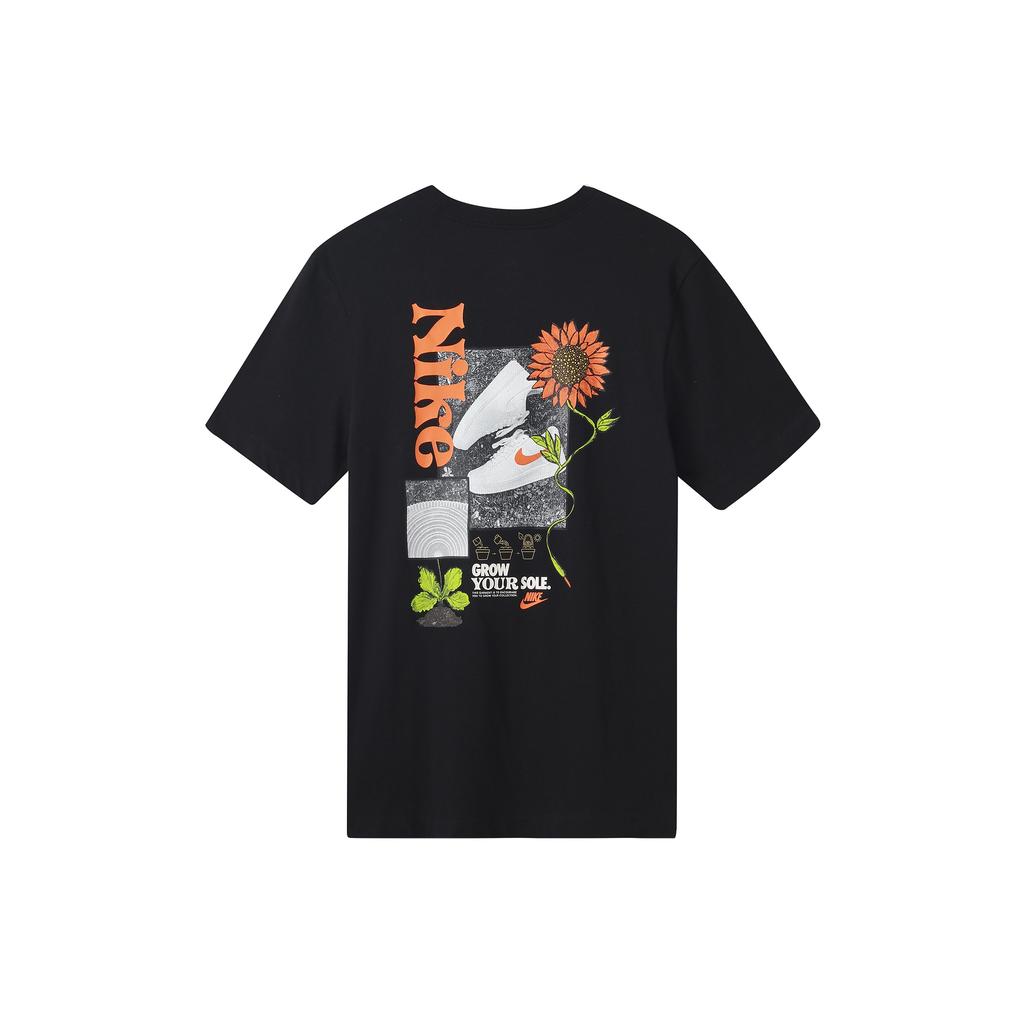 Men's Nike Logo Plant Pattern Printing Round Neck Casual Short Sleeve Black T-Shirt DQ1034-010