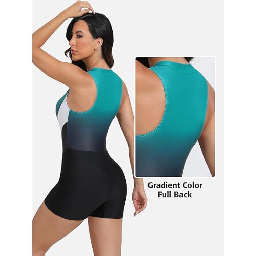 CHARMLEAKS Athletic One Piece Swimsuits for Women Zipper Up Bathing Suits Modest Boyleg Swimwear