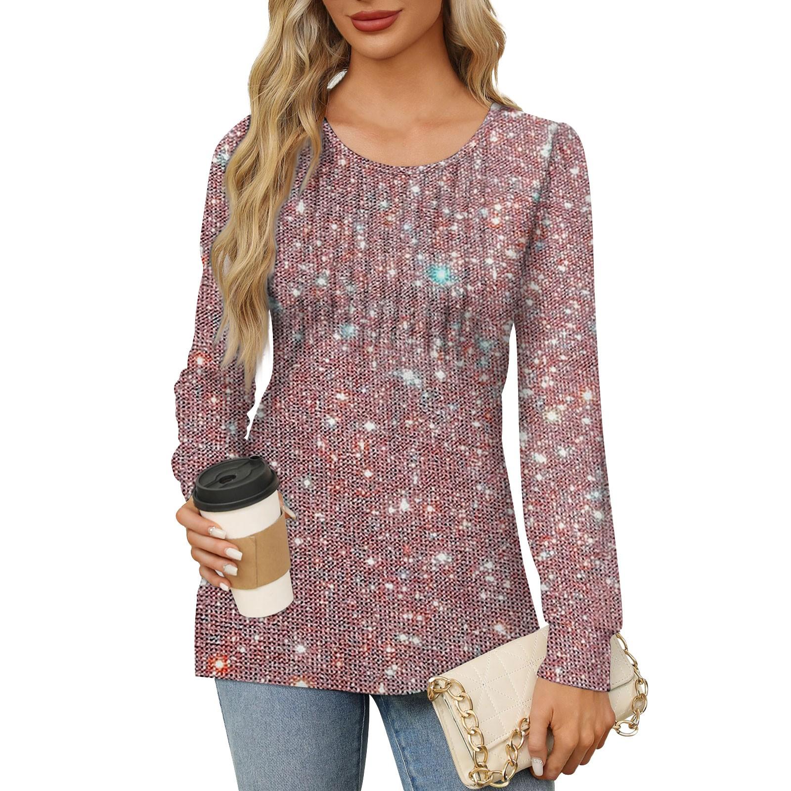 

Женская повседневная плиссированная футболка с круглым вырезом и длинными рукавами с принтом L розовый