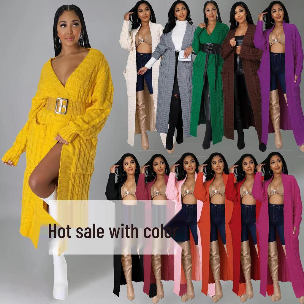 2025 New Women's Fashion Long Sleeve Pocket Cardigan – Autumn/Winter Pure Color Sweater