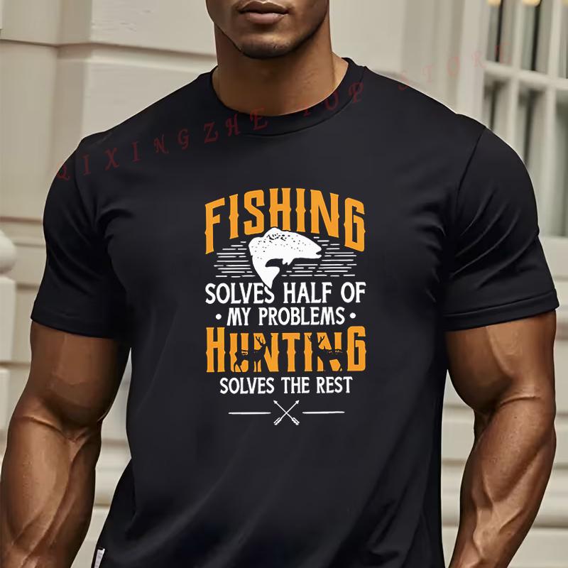 MenS Funny Fishing  Hunting Graphic TShirt  Fishing Solves Half My Problems Hunting Solves The Rest Casual Short Sleeve Tee S