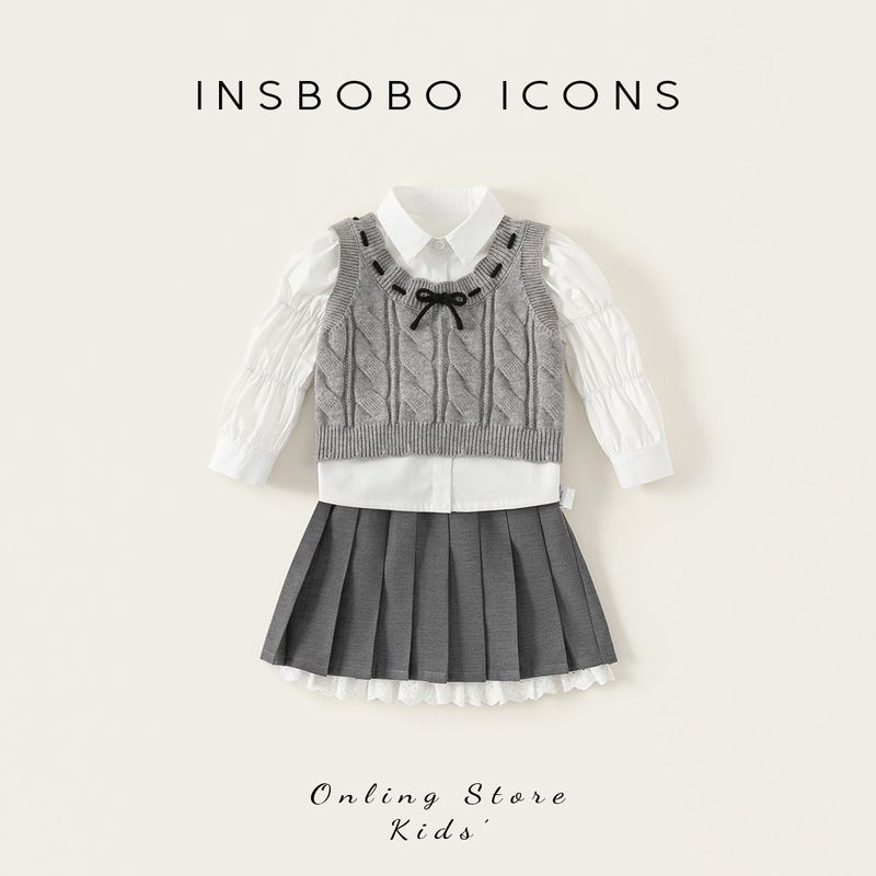 Insbobo Girls  Spring Clothing 2026 New Style Girls  Vest Three-Piece Set Spring and Autumn Children s Clothes Baby Children s Clothing Trendy Gray 100