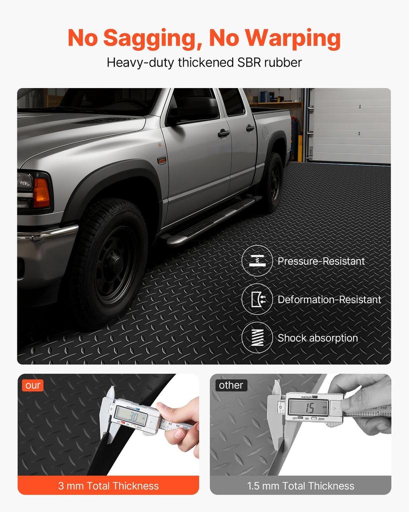 Garage Floor Roll, 1.22 x 6.1 m Garage Flooring Mat, 3 mm Thickened Rubber Diamond Plate Floor Protector Mat, Non-Slip, Wear-resist, Waterproof, Easy