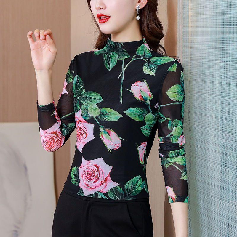

Bottom waist slim fit fashion printed mesh top long sleeve T-shirt M 95-105