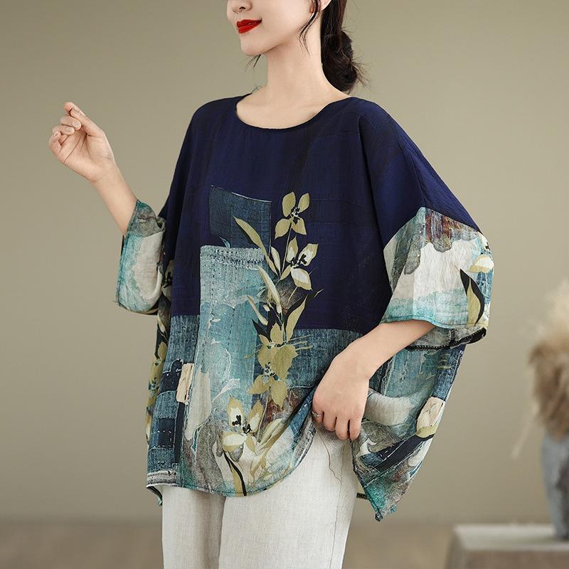 Letnia bawełniana lniana bluzka w stylu etnicznym z luźnym dużym rozmiarem, z okrągłym dekoltem, damska koszulka z krótkim rękawem