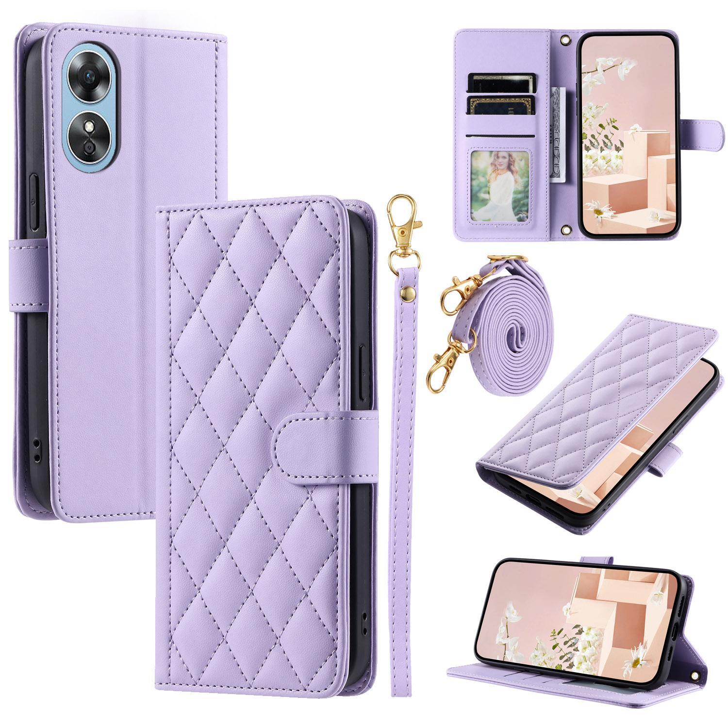 

For Oppo A38 4G/A18 4G Case with Crossbody Strap Rhombus Pattern Stand PU Leather Phone Cover Purple