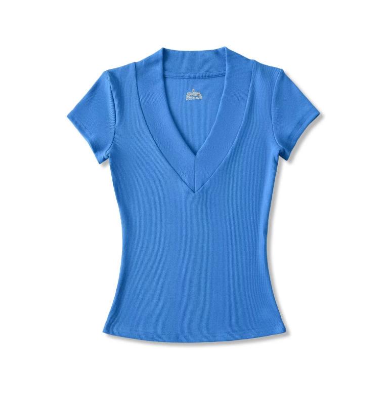 Summer New Female American Spice Girl Solid Color Dark V-neck Short-sleeved T-shirt Design Sense Splicing Slim-fitting Waist Bottoming Shirt