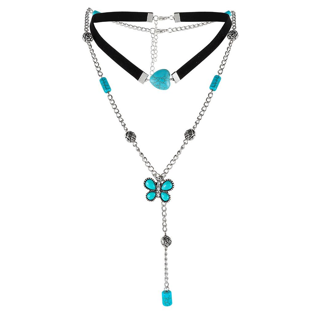 European and American Retro Turquoise Korean Velvet Neck Chain Female Butterfly Fringed Pendant Necklace