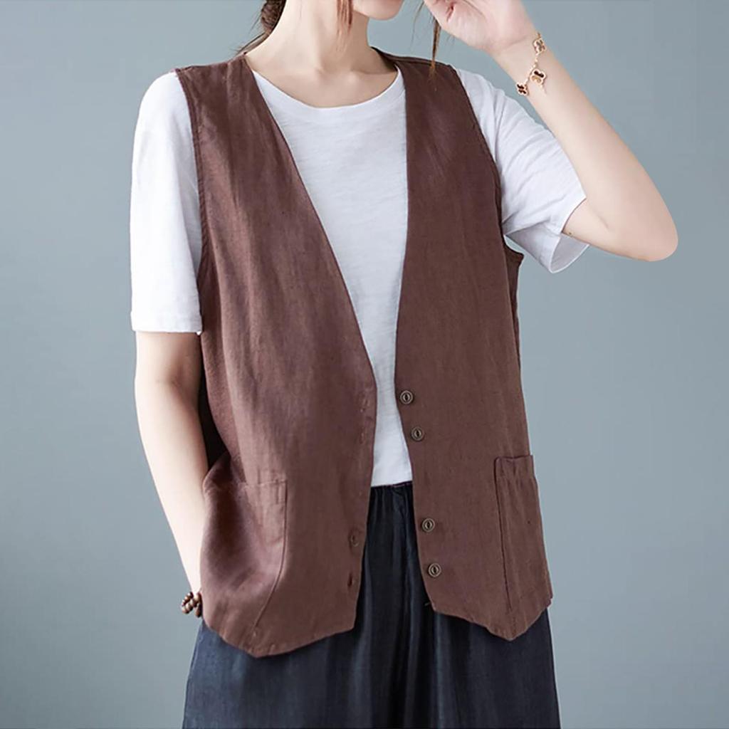 Women's Sleeveless Cotton Linen Vest Button Down V Neck Waistcoat Jacket