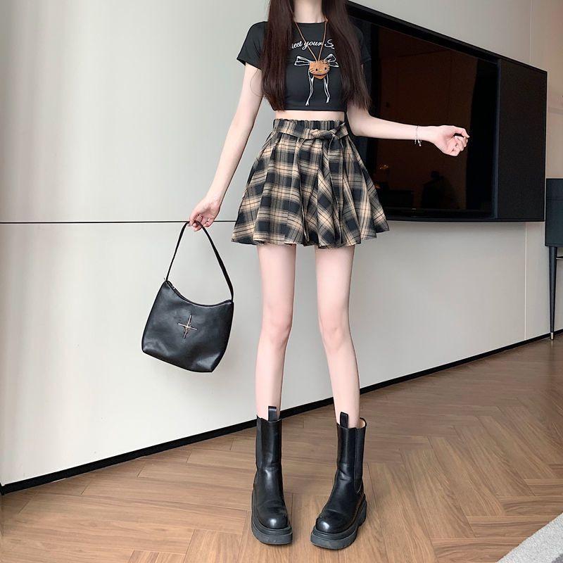 2025 Summer British Retro Plaid High Waist Slimming Midi Skirt for Women