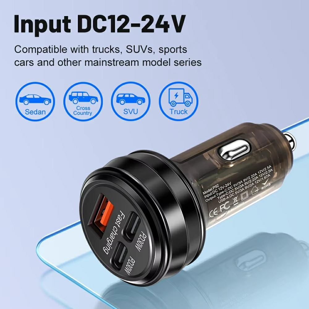 80W Car Charger 3 Ports USB + PD Type C Fast Charging Portable Cigarette Lighter Adapter