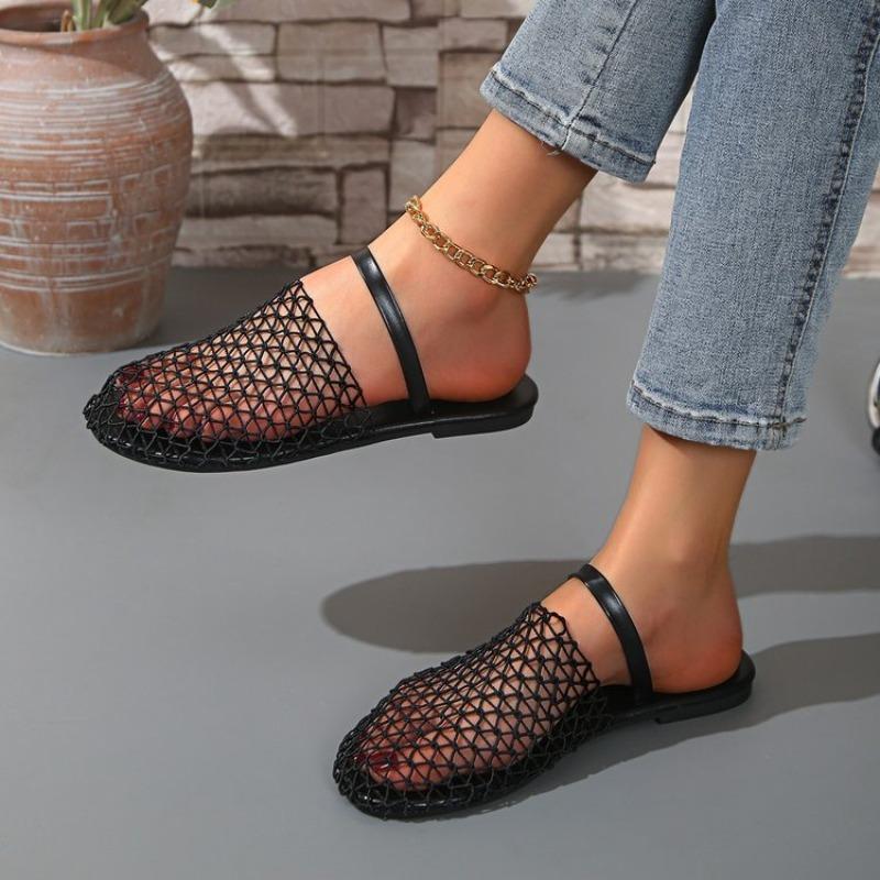 Fashion Summer Baotou Half-drag Women's Round Toe Deep Mouth Comfortable Fashion Versatile Hollow Mesh Beach Flat Shoes