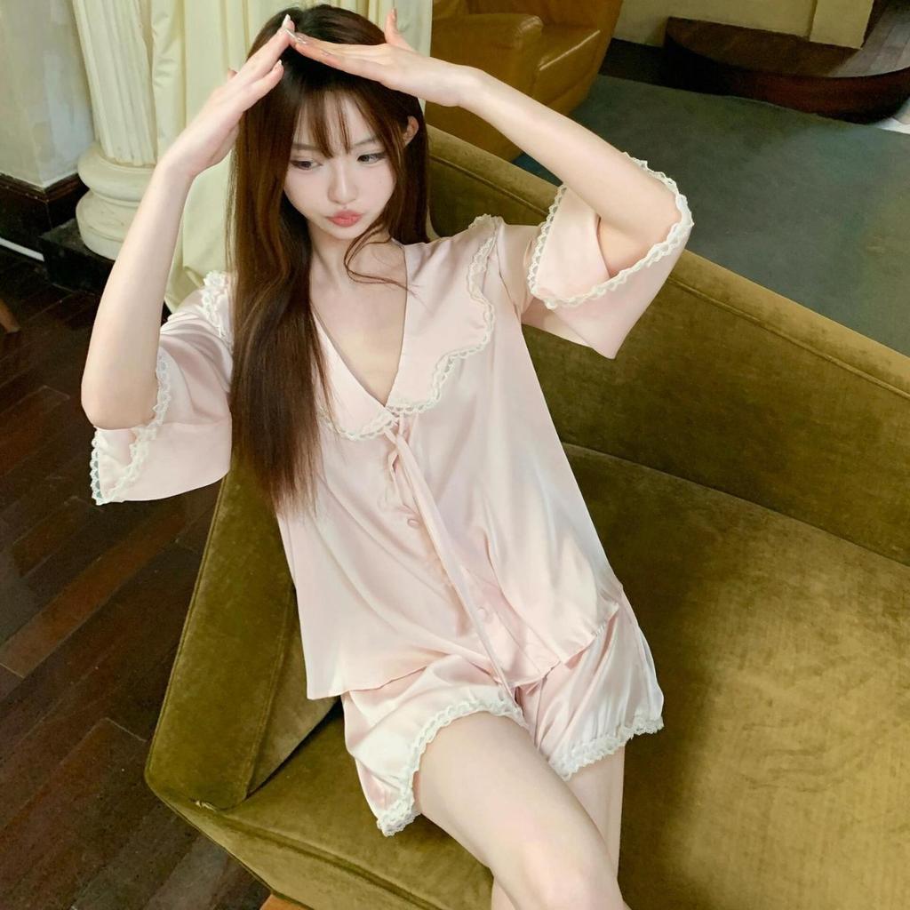 French premium long-sleeved ice silk pajamas women's summer new lace loungewear cardigan shorts skin-friendly set