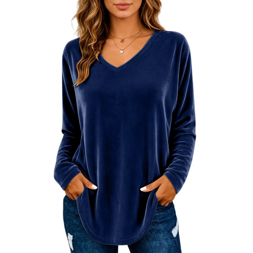 Women's Color V-Neck Long Sleeve Pullover Top for Casual Commuting and Daily Wear
