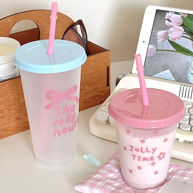 1Pc Ins Portable Reusable Drinking Bottle Kawaii Water Bottle For Coffee Juice Milk Tea Cute Plastic Cold Cups With Straw Lid