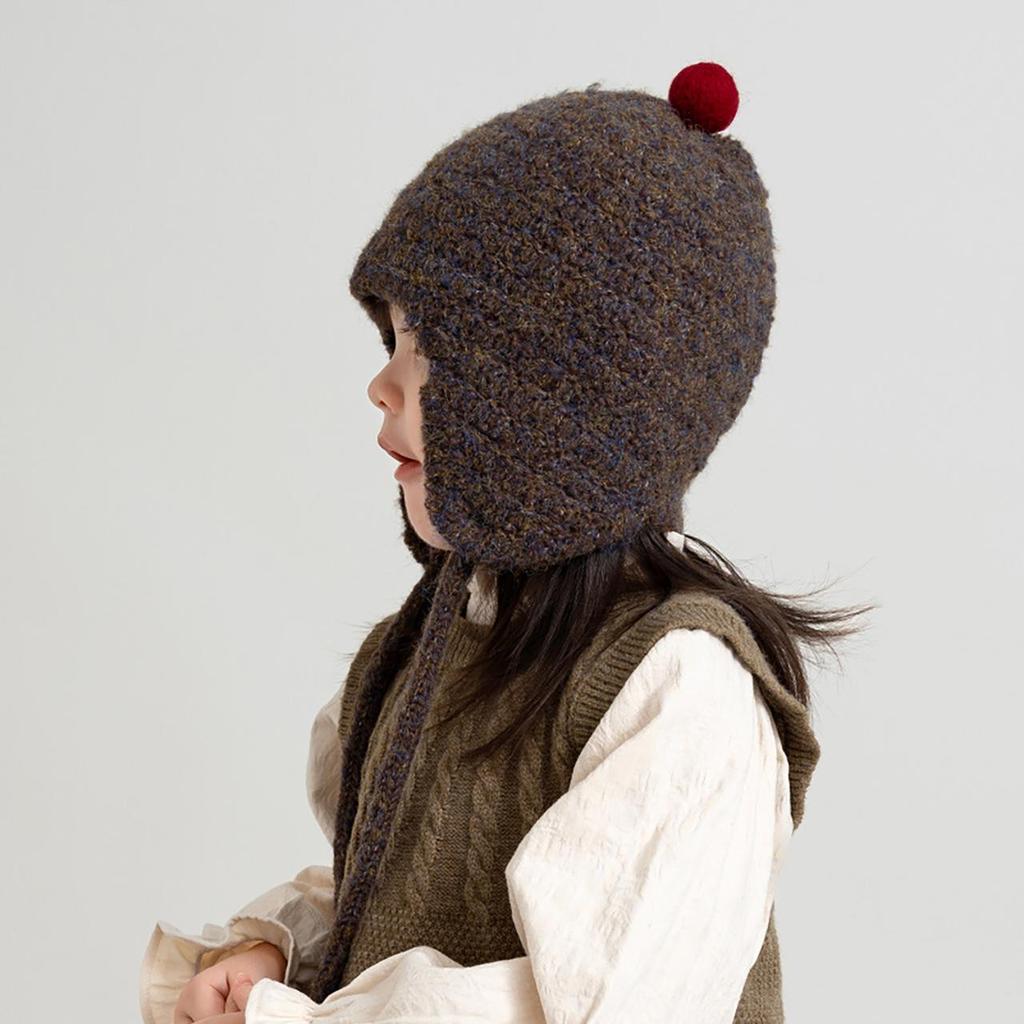 Niedliche Kleine Kugel Baby Ohrenschutz Mütze Winter Gestrickt Kleinkind Mädchen Junge Schnürkappe Outdoor Winddicht Warm Kinder Ohrenschützer Mütze