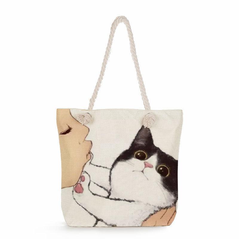 Multifunctional Cute cat Printed Thick Rope Shoulder Beach Bag 7584