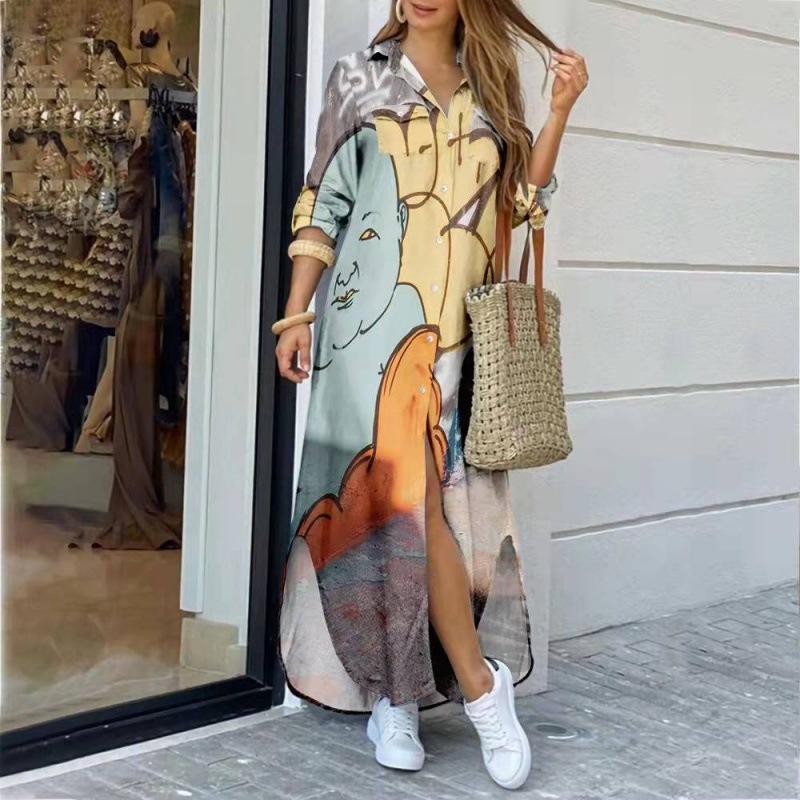 Women's Printed Maxi Shirt Dress Long Sleeve Button Front Casual Long Dress