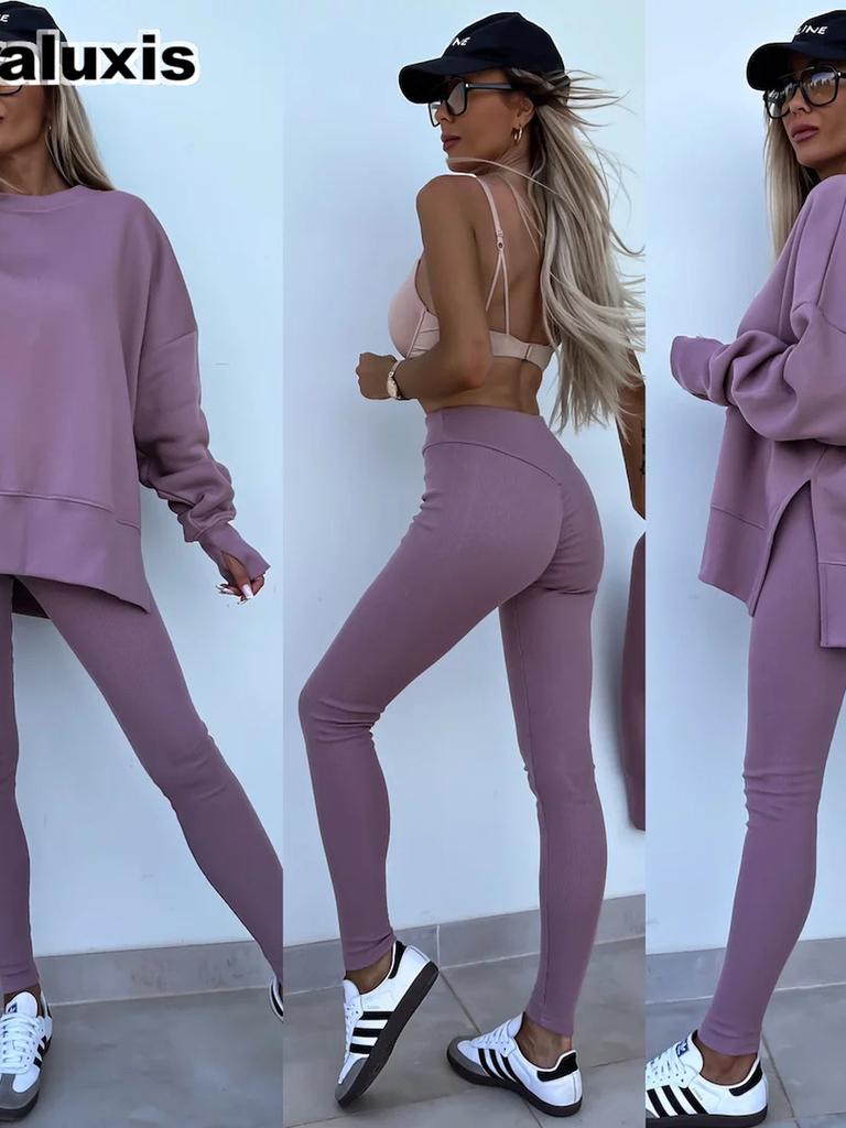 New Spring Outwear Women's Fashion Loose Fit Leggings Set with Oversized Sweatshirt Two Piece Outfit