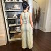 Women's Denim Skirt and Vest Set – European & American Handmade Distressed Style with High Slit