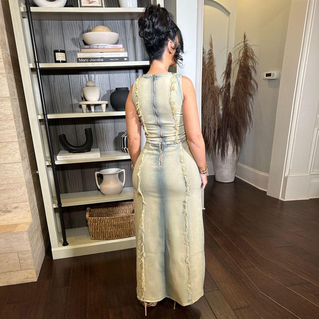 Women's Denim Skirt and Vest Set – European & American Handmade Distressed Style with High Slit