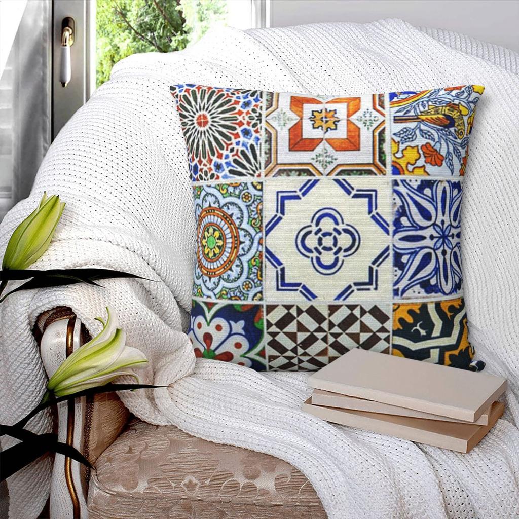 Colorful Portuguese Tile Square Pillowcase Pillow Cover Polyester Cushion Zip Decorative Comfort Throw Pillow for Home Car