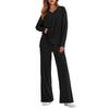 Women's V Neck Long Sleeve Ribbed Knit Top Wide Leg Pants 2 Piece Loungewear Set