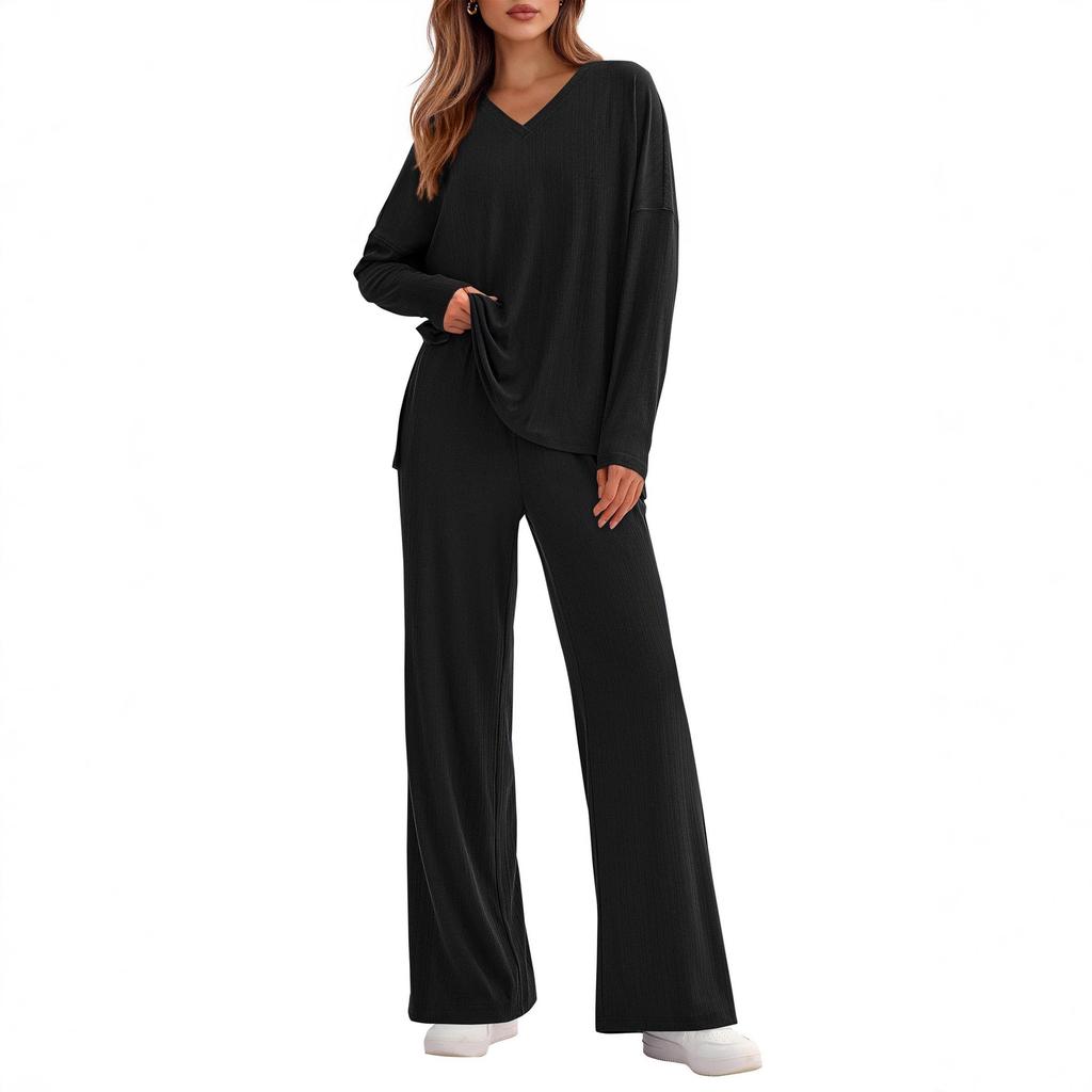 Women's V Neck Long Sleeve Ribbed Knit Top Wide Leg Pants 2 Piece Loungewear Set