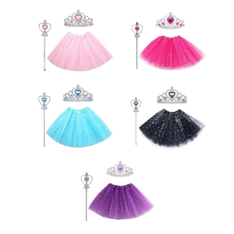 3 Pcs/Set Kids Princess Costume Accessories Crowns 3 Layers Tutu Skirt Magics Wand Ballet Skirt for Halloween Party