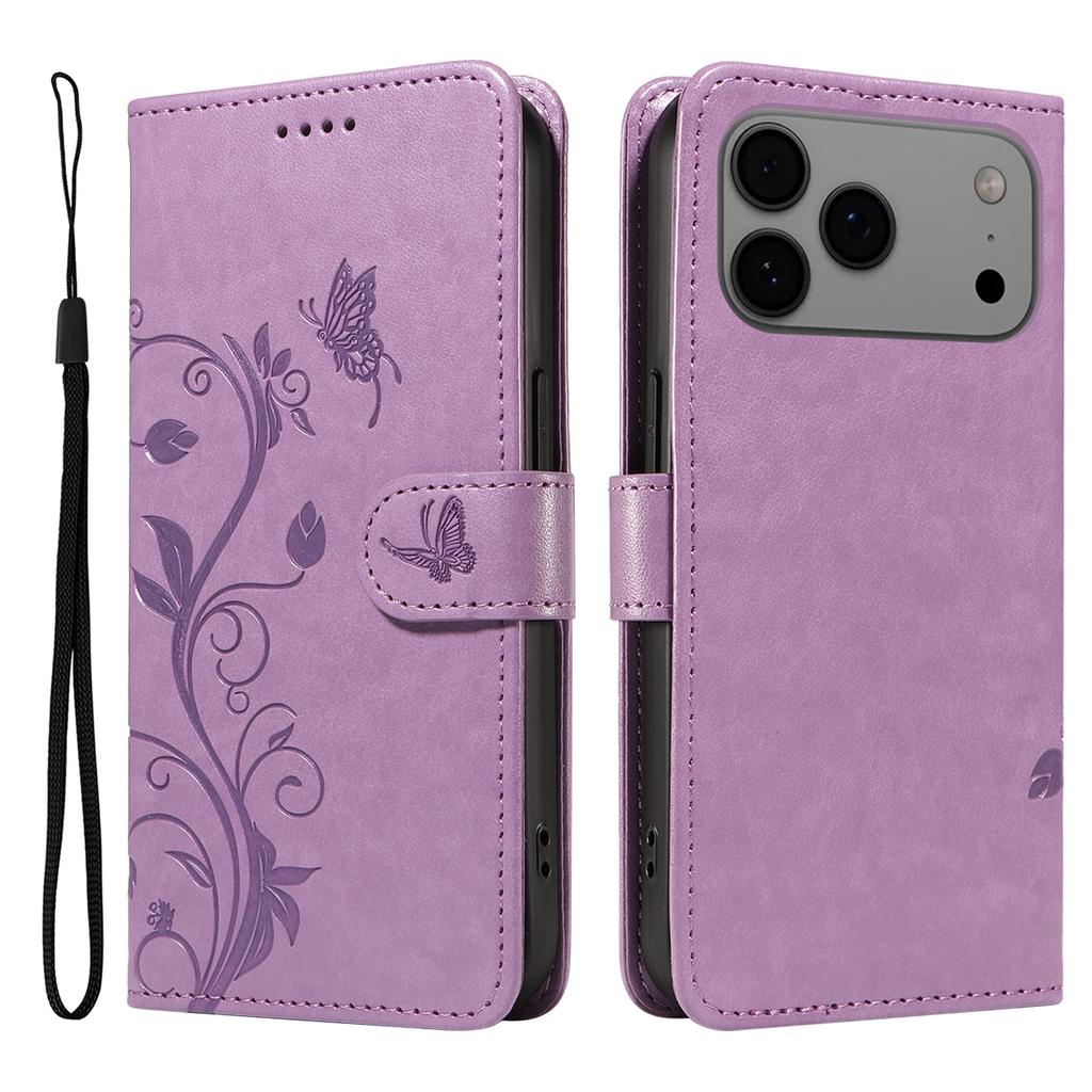 For iPhone 17 Pro Max PU Leather Cases Flower Pattern Wallet Stand Phone Cover with Strap