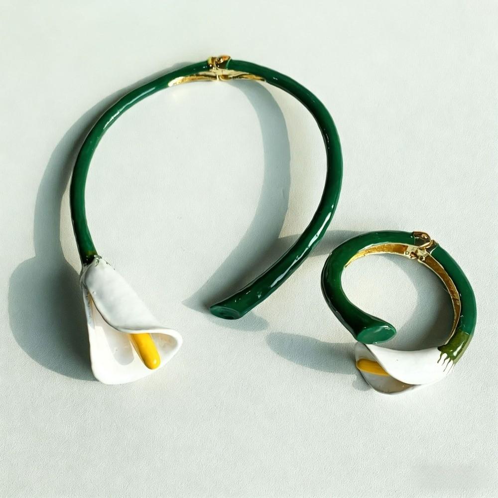 Glazing Flowers Jewelry Set Vintage Floral Enamel Bracelet Chic Calla Choker Necklace  Vacation