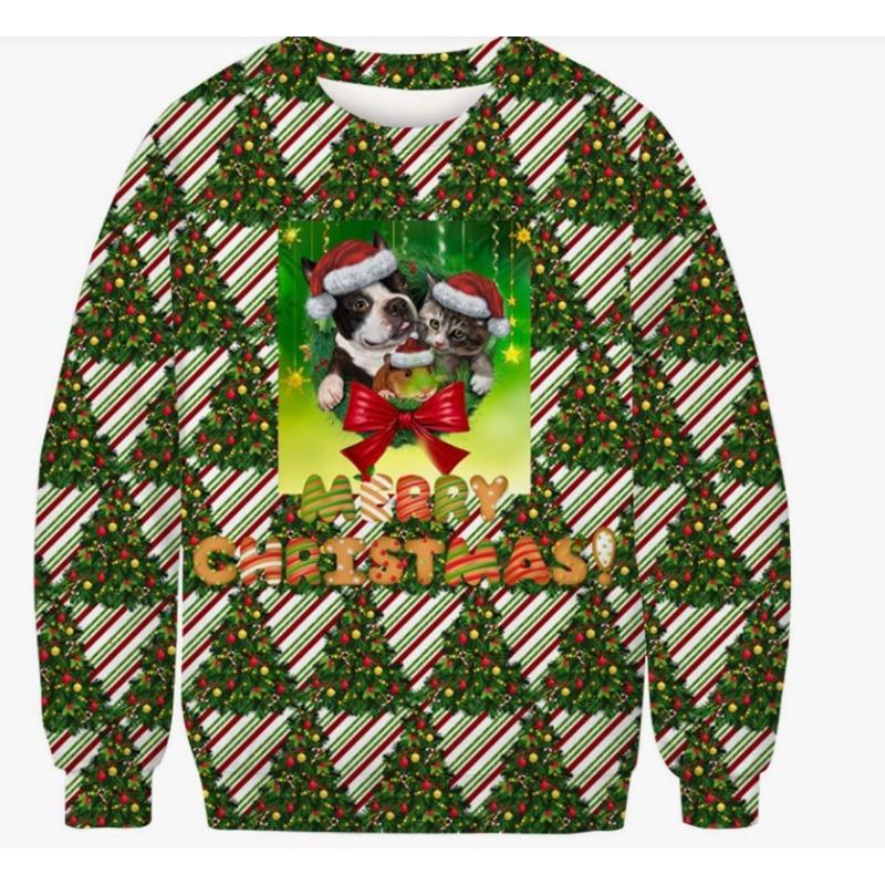 Christmas Pattern Cute Cat Dog Surroundings Autumn Winter Long Sleeved Fashionable Casual Loose Women's Pullover