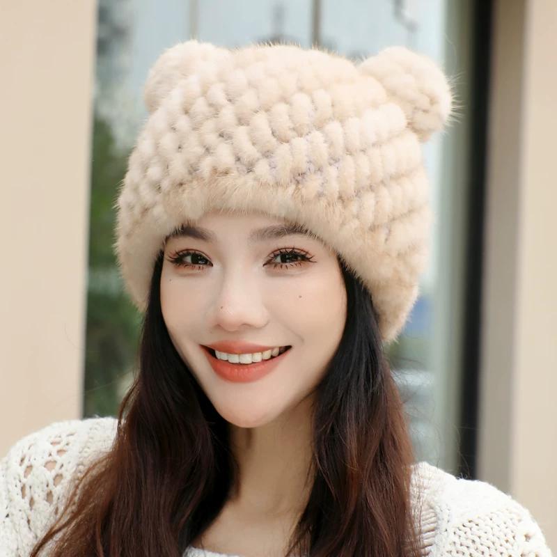 New Mink Hair Hat Warm Woven Wool Fox Hair Ball Cute Mickey Hat Fur Milliner Autumn and Winter