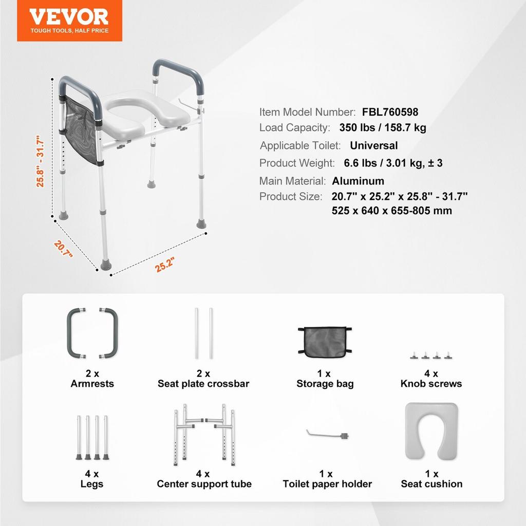 Assento Elevado para Vaso Sanitário, Ajuste de Altura de 7 Posições 490 - 640 mm, Capacidade de Peso de 158,7 kg, com Estrutura de Alumínio Acolchoada para Conforto, Assento de Vaso Sanitário Universal
